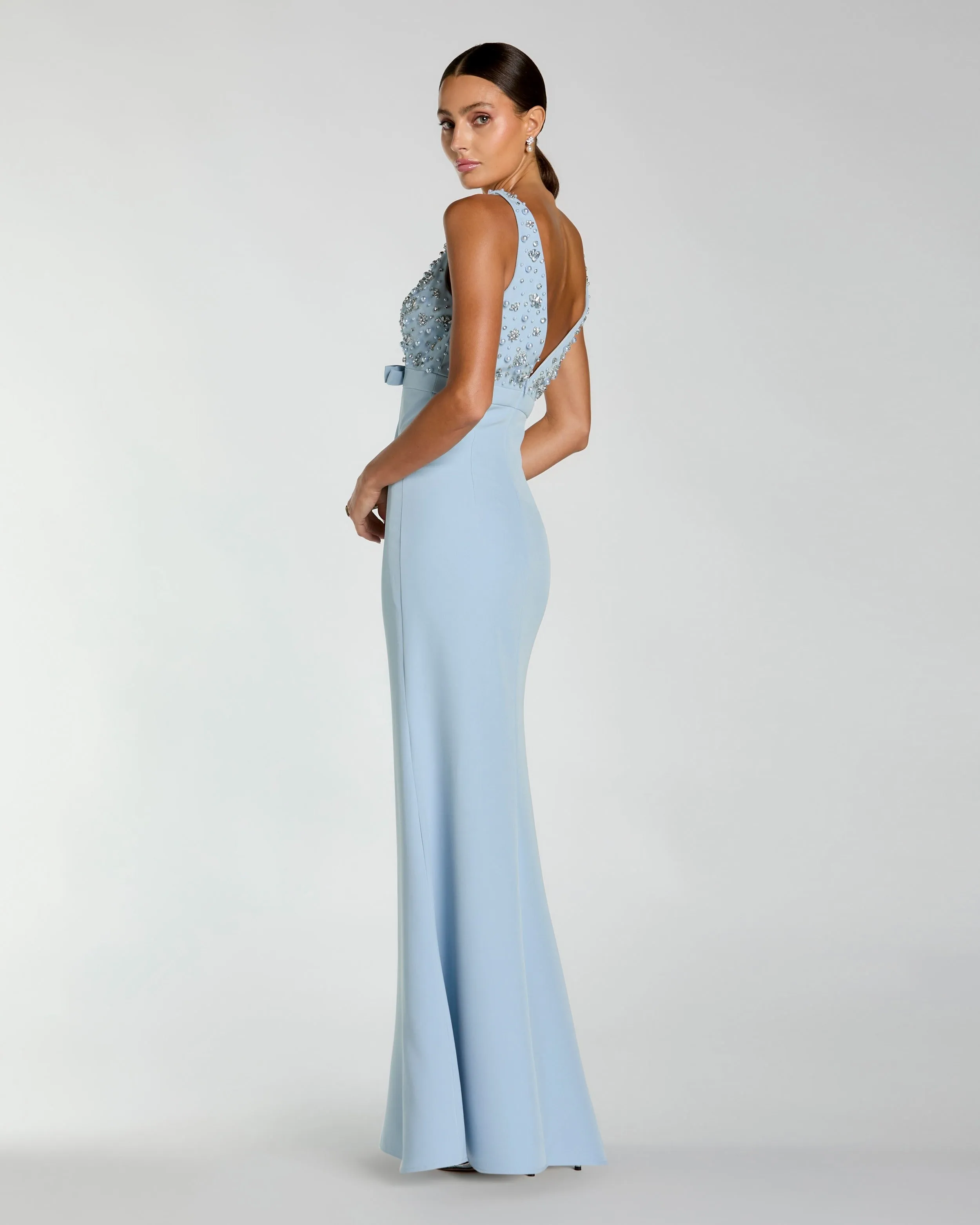 Blue Sleeveless Embellished Crepe Gown With Bow sold by Mac Duggal product image thumbnail 3