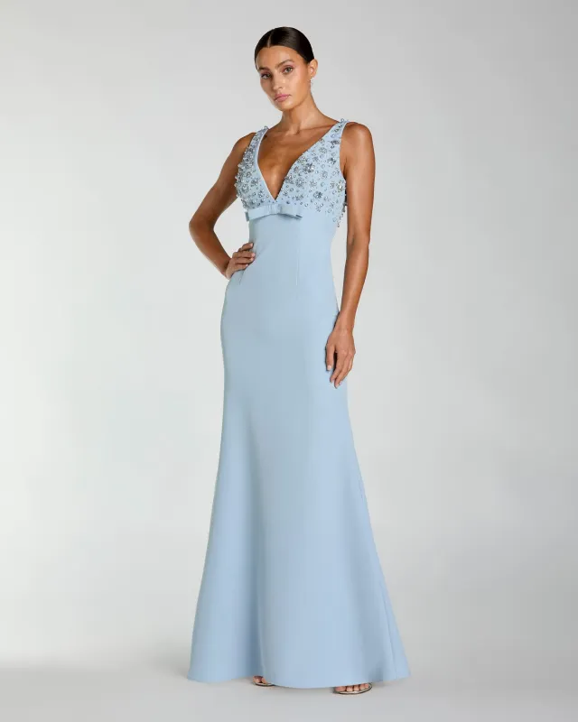 Blue Sleeveless Embellished Crepe Gown With Bow made by Mac Duggal