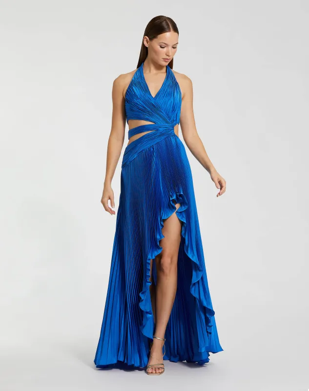 Blue Halter Neck Pleated Charmeuse Cut Out Gown sold by Mac Duggal