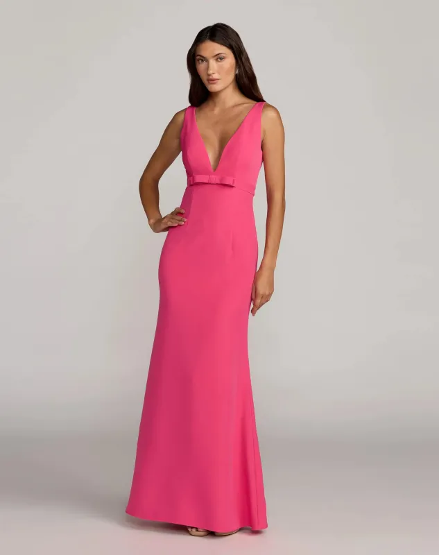Pink Crepe V-Neck Mermaid Gown with Bow sold by Mac Duggal