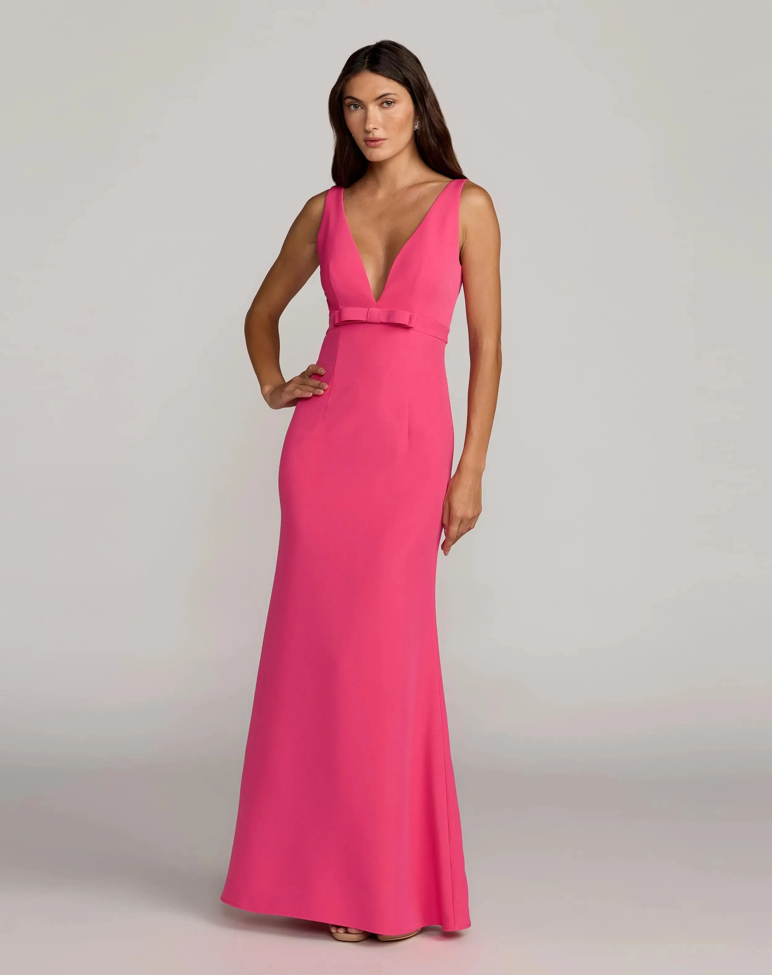 Pink Crepe V-Neck Mermaid Gown with Bow sold by Mac Duggal