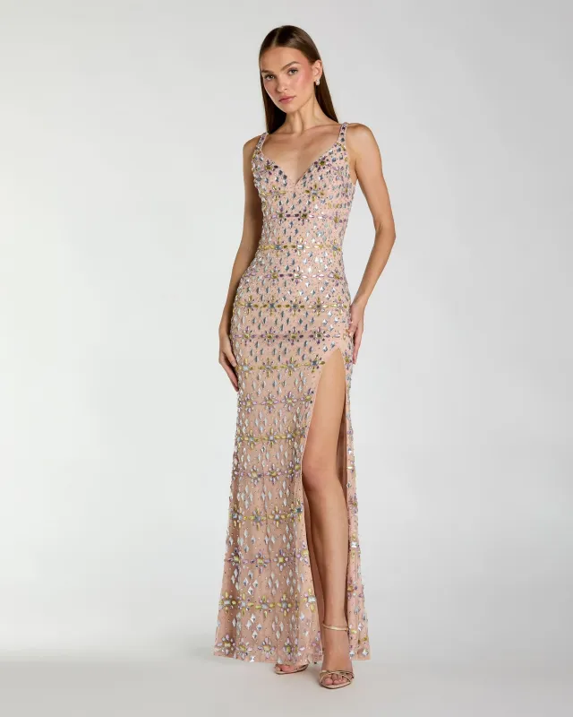 Beige Embellished V Neck Column Gown with Slit sold by Mac Duggal