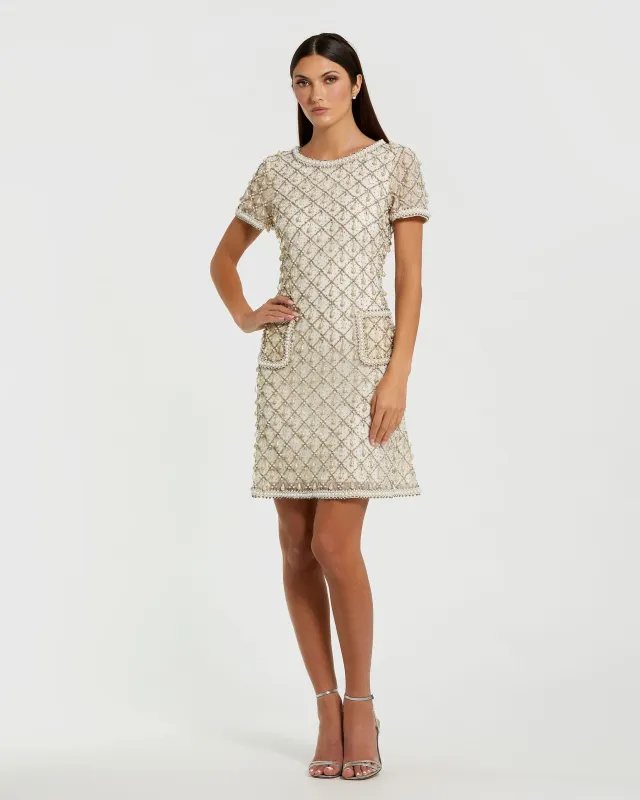 Ivory Pearl Embellished Short Sleeve Mini Dress made by Mac Duggal
