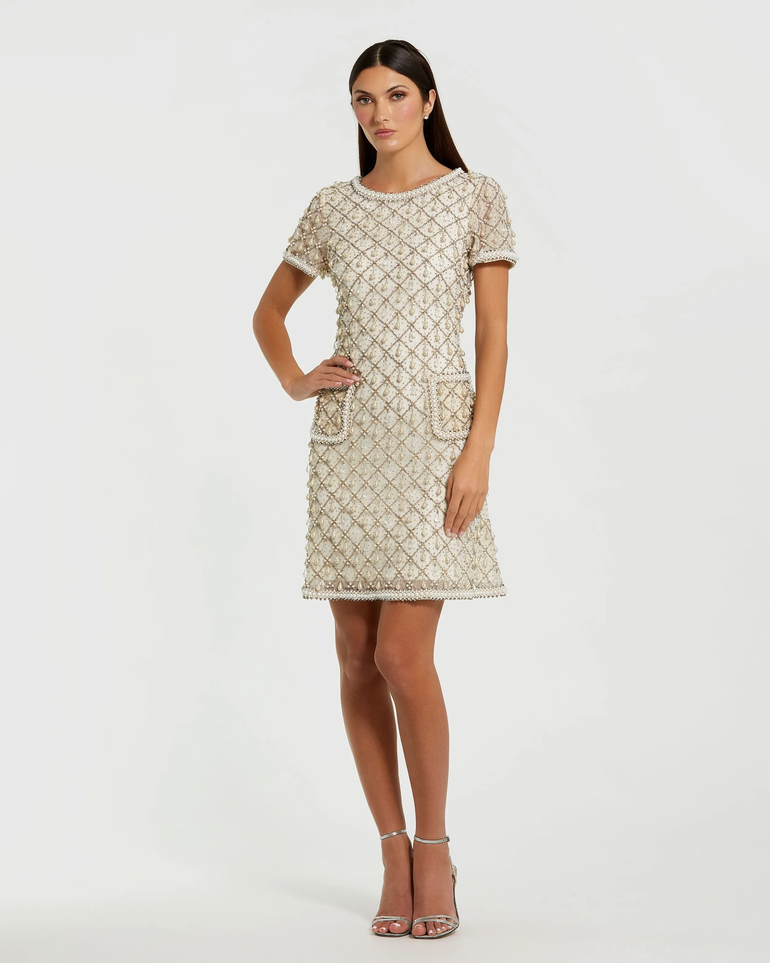 Ivory Pearl Embellished Short Sleeve Mini Dress sold by Mac Duggal