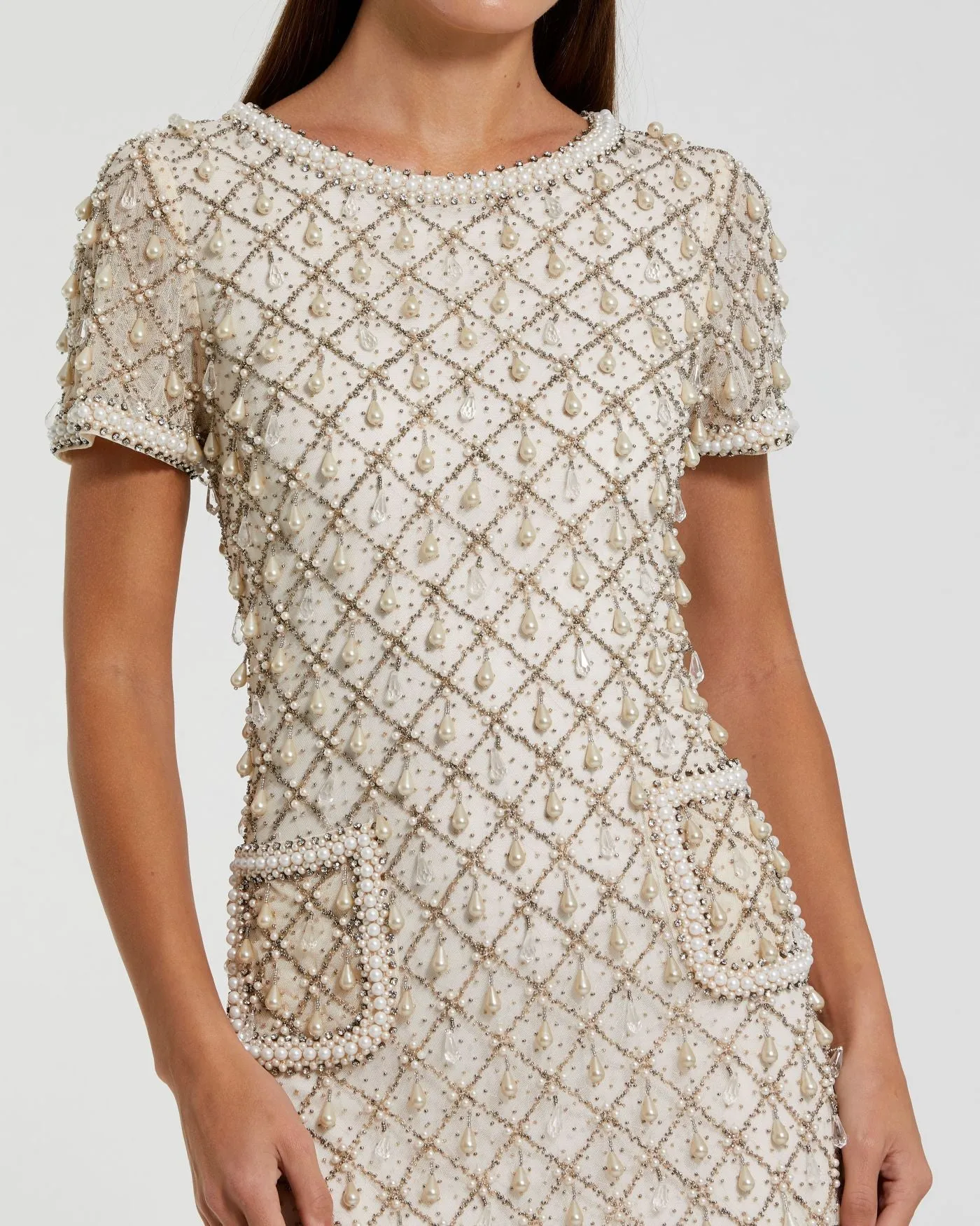 Ivory Pearl Embellished Short Sleeve Mini Dress sold by Mac Duggal product image thumbnail 2