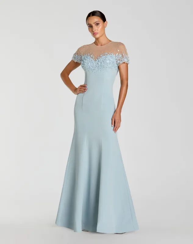 Blue Crepe Mermaid Gown With Beaded Illusion Neck made by Mac Duggal