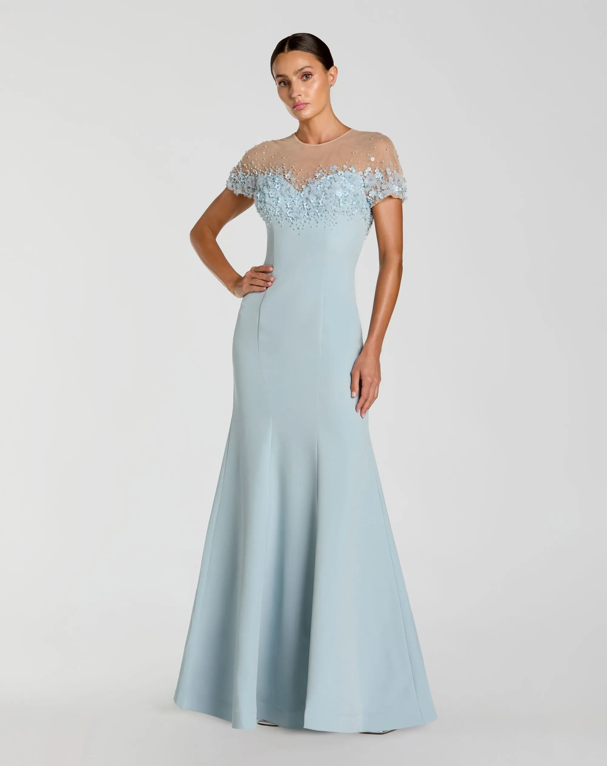 Blue Crepe Mermaid Gown With Beaded Illusion Neck sold by Mac Duggal