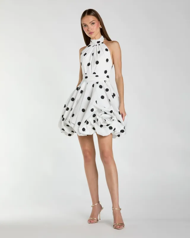 White Polka Dot Halter Bubble Mini Dress made by Mac Duggal