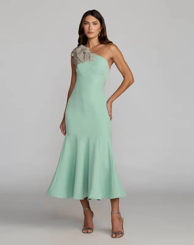 Green Crepe One Shoulder Midi Dress With Flower sold by Mac Duggal