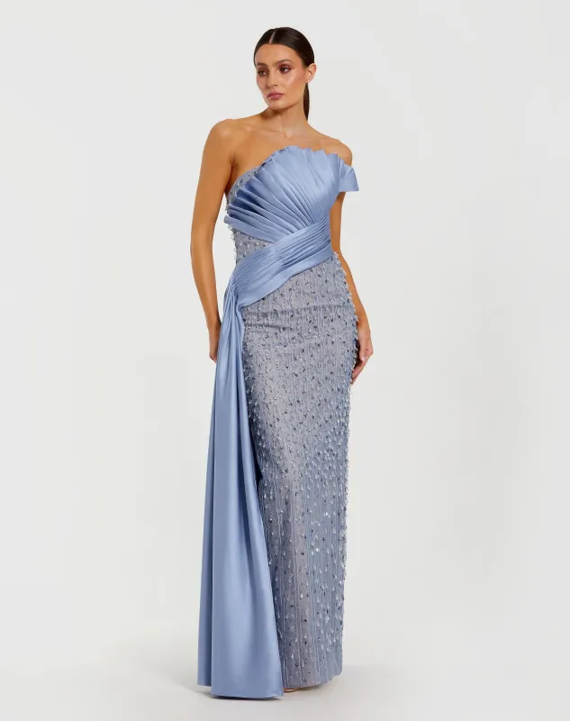 Blue Beaded Lace Column Gown with Satin Sash sold by Mac Duggal