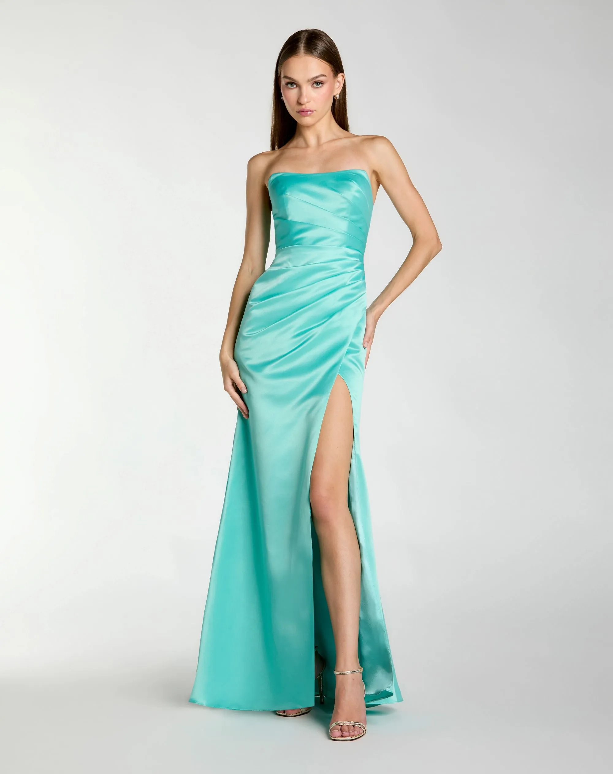 Strapless Gathered High Slit Gown sold by Mac Duggal