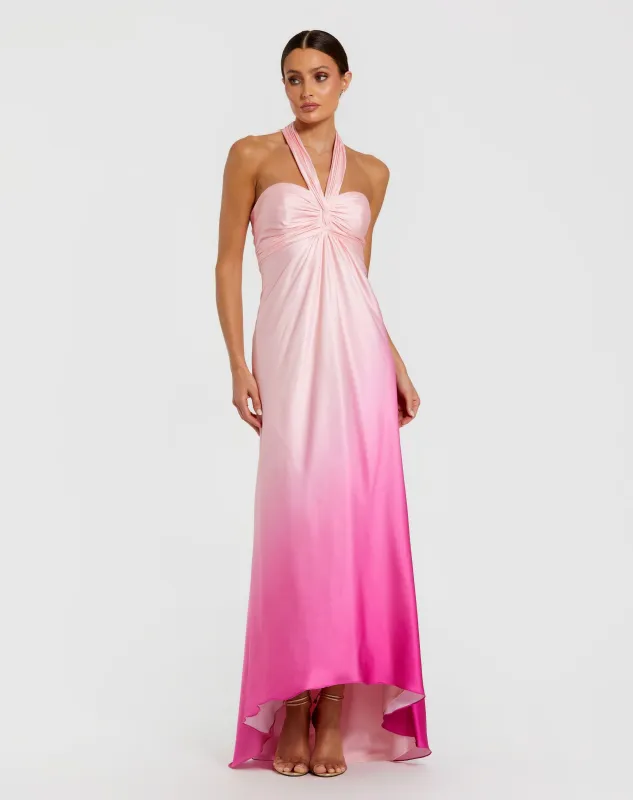 Charmeuse Tie Halter Neck Ombre Gown sold by Mac Duggal