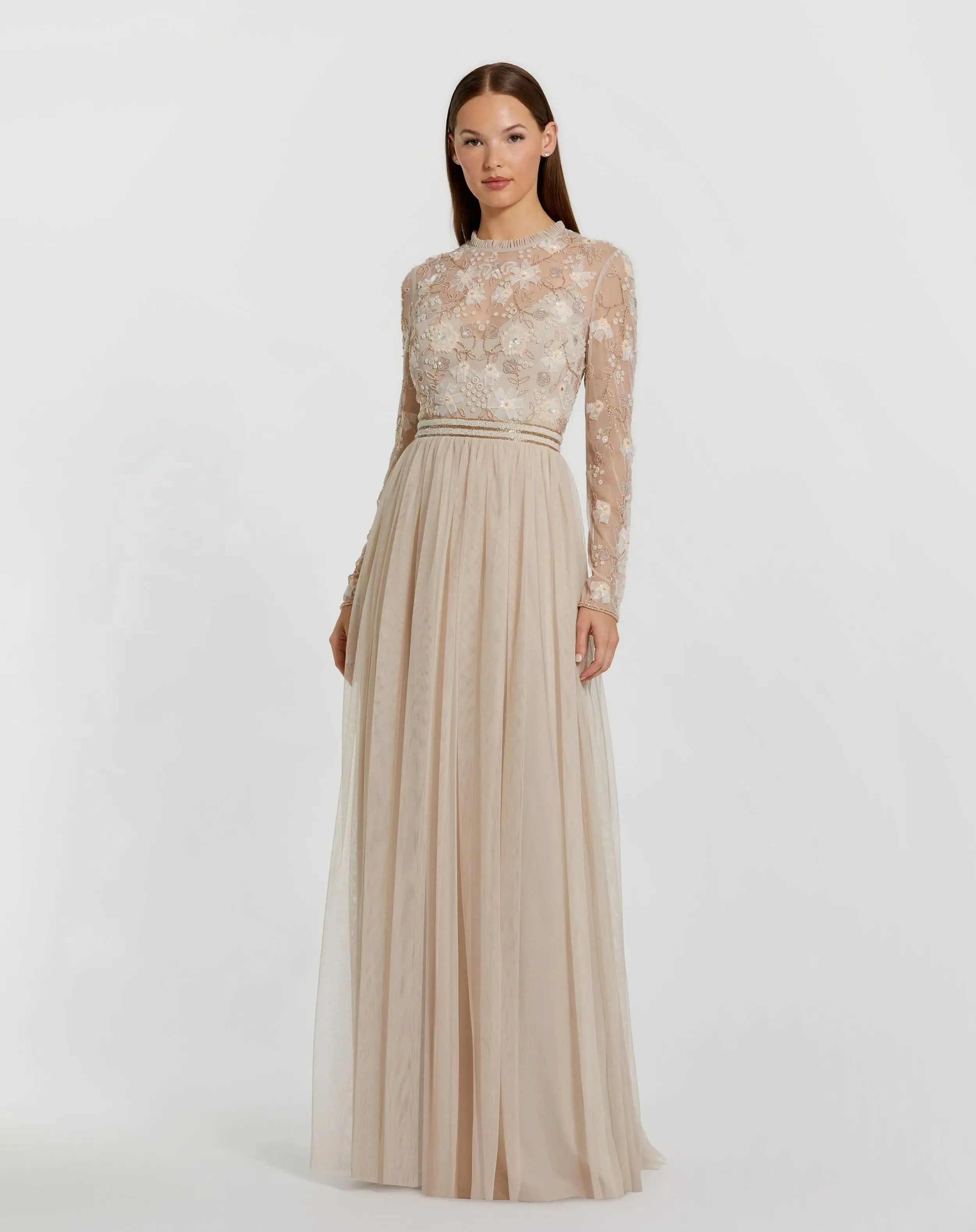 Embellished Illusion High Neck Long Sleeve Gown sold by Mac Duggal