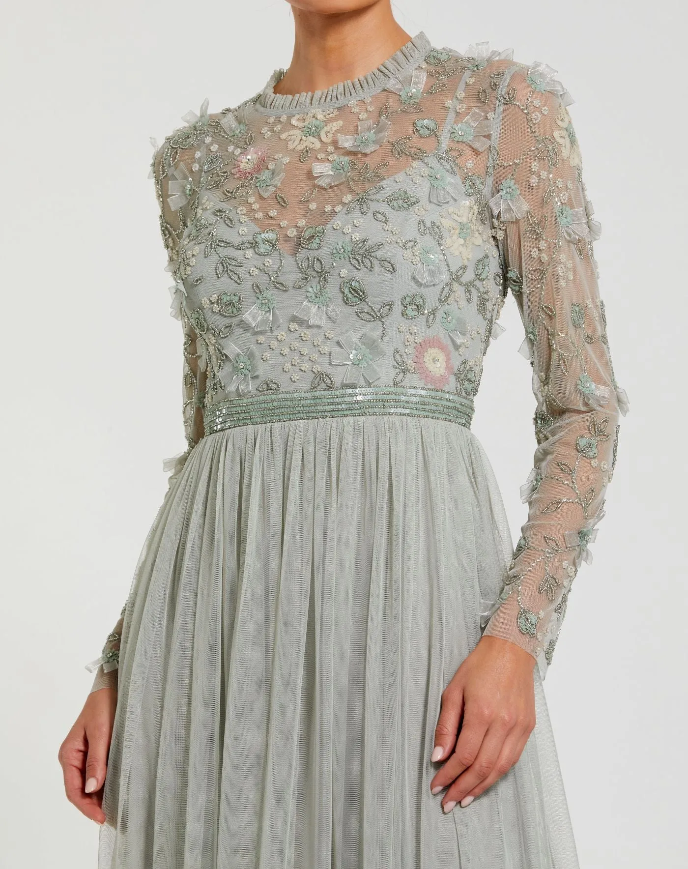 Green Embellished Illusion High Neck Long Sleeve Gown sold by Mac Duggal product image thumbnail 2