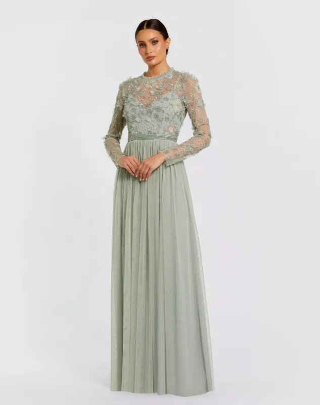 Green Embellished Illusion High Neck Long Sleeve Gown sold by Mac Duggal