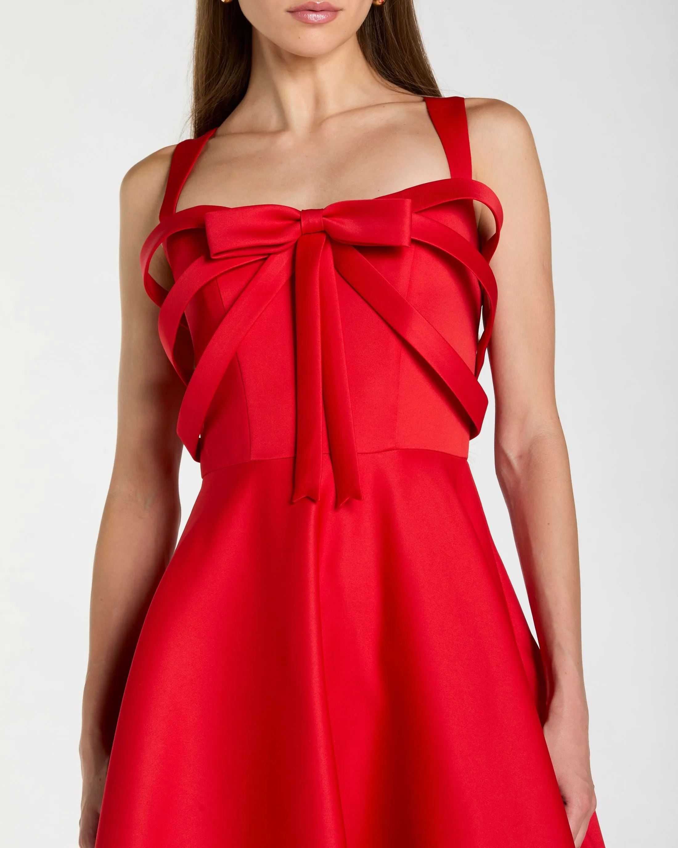 Red Satin Sleeveless A Line Midi Dress With Bow sold by Mac Duggal product image thumbnail 2