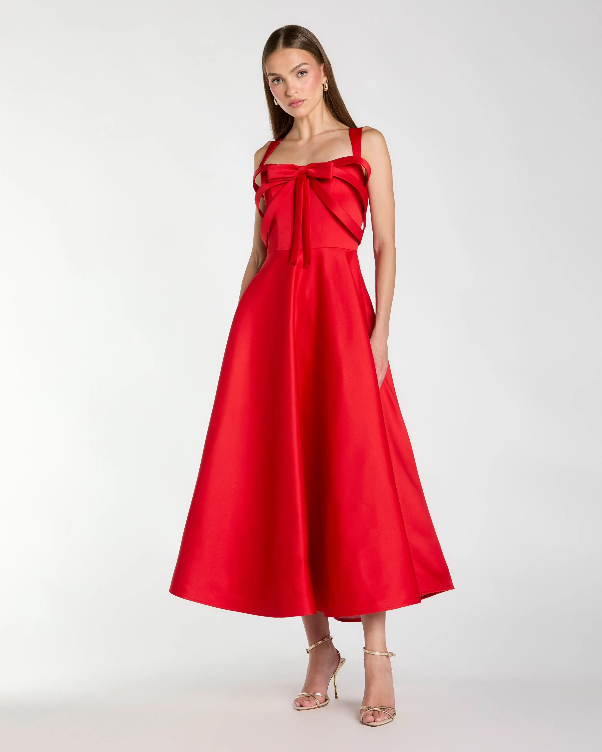 Red Satin Sleeveless A Line Midi Dress With Bow sold by Mac Duggal