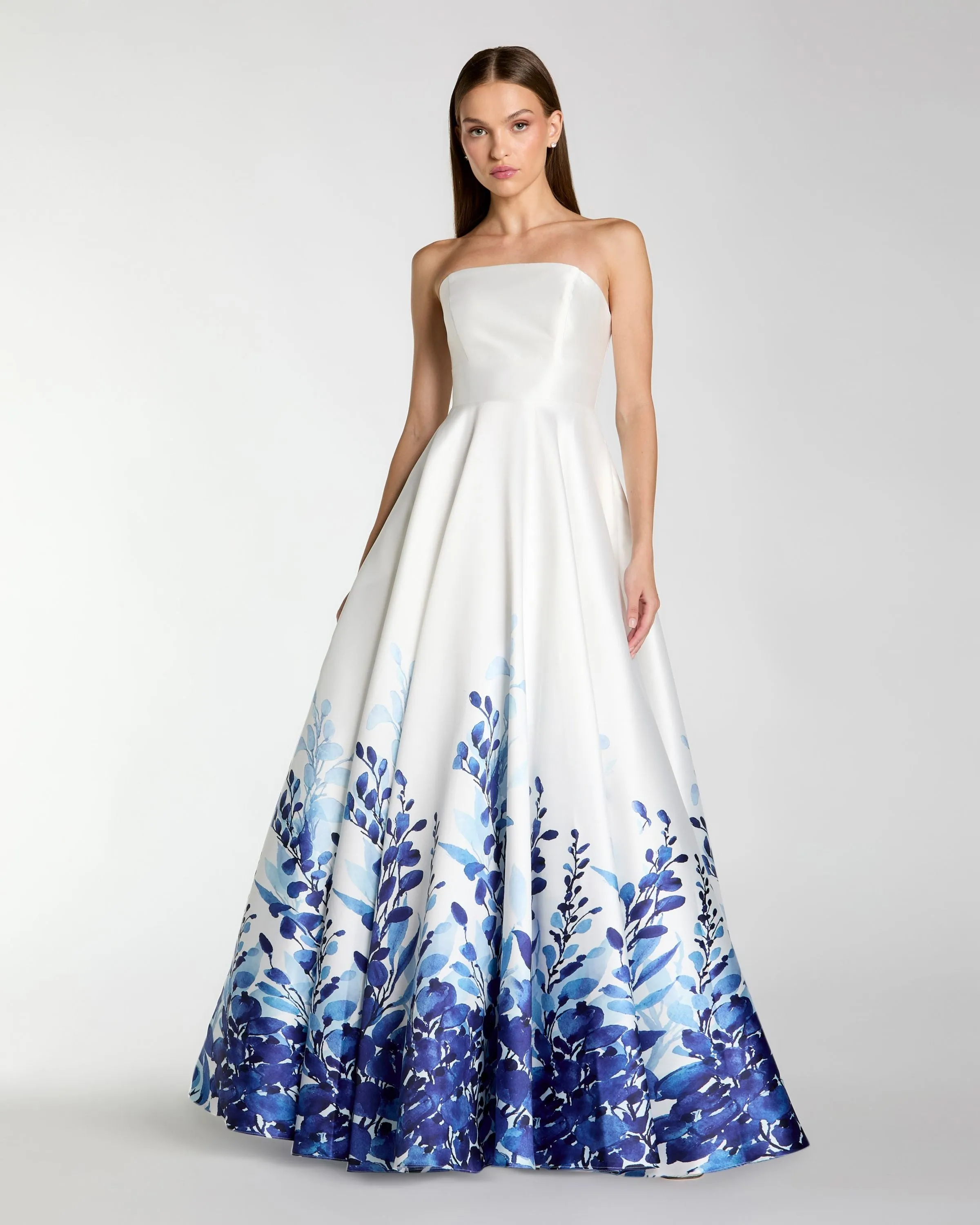White Strapless Floral Printed Mikado Ball Gown sold by Mac Duggal