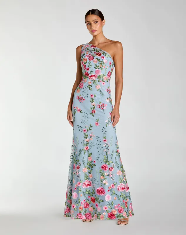 Blue One Shoulder Floral Embroidered Gown made by Mac Duggal