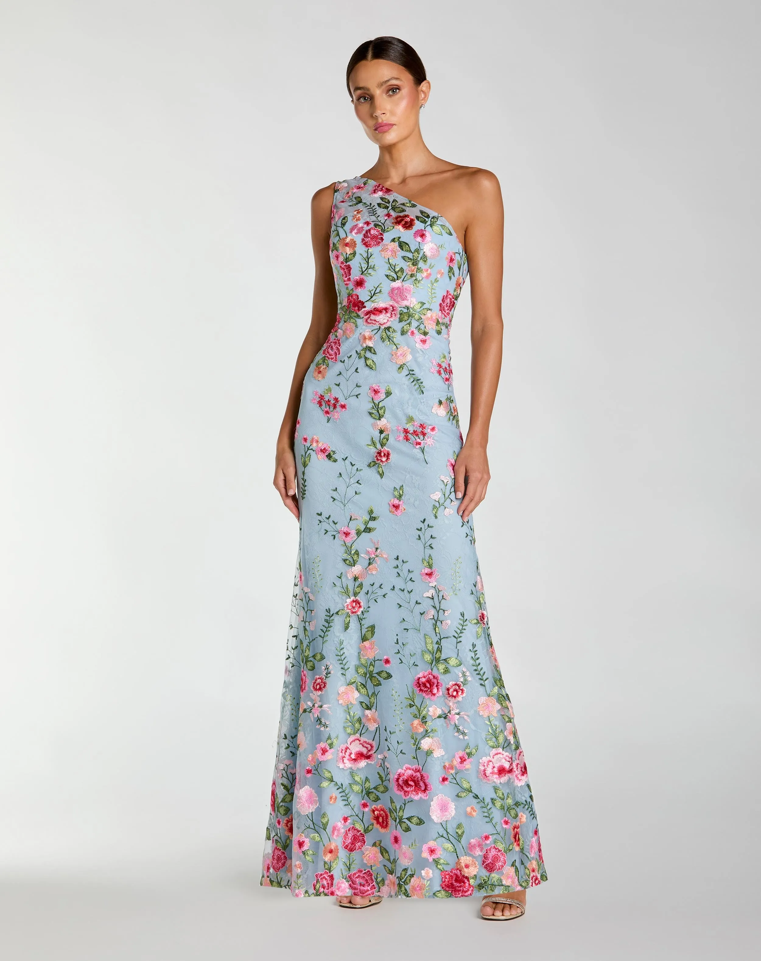 Blue One Shoulder Floral Embroidered Gown sold by Mac Duggal