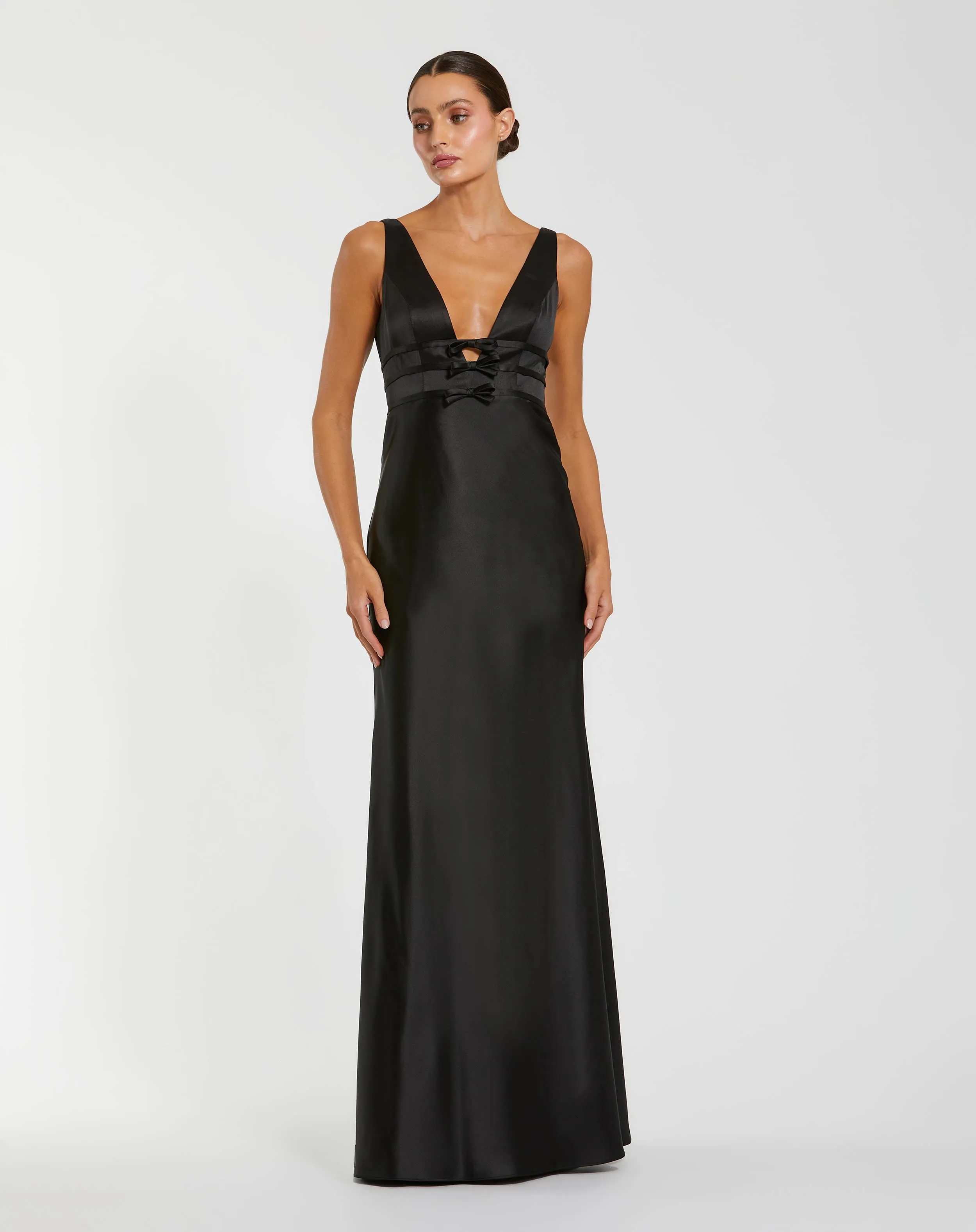 Sleeveless V Neck Satin Gown With Bow Details sold by Mac Duggal