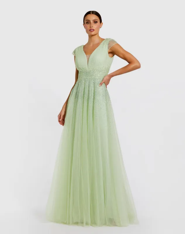 Embellished Cap Sleeve V Neck Tulle Gown sold by Mac Duggal