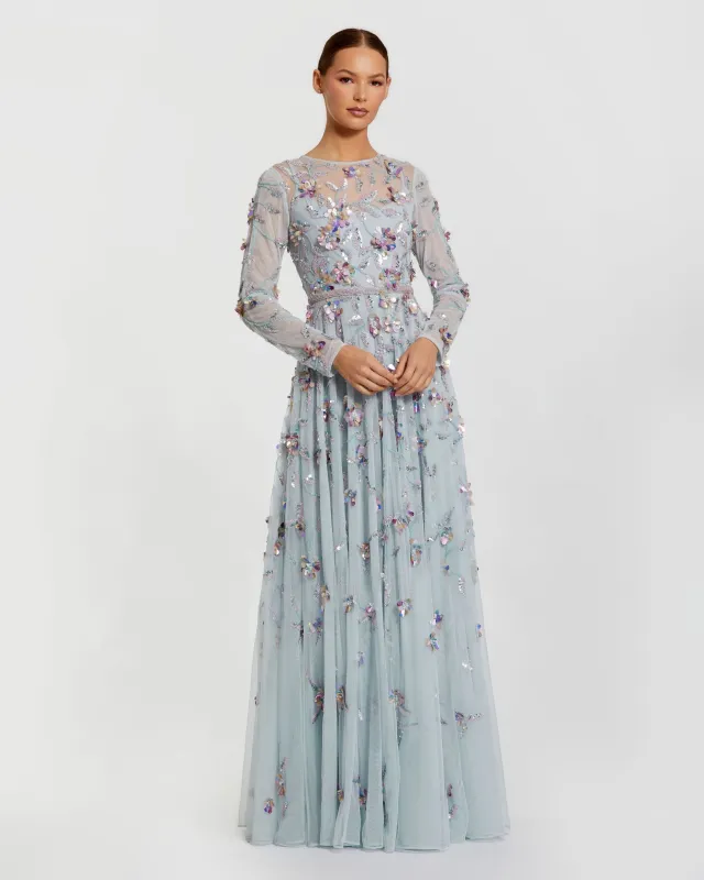 Long Sleeve Floral Embellished Evening Gown made by Mac Duggal
