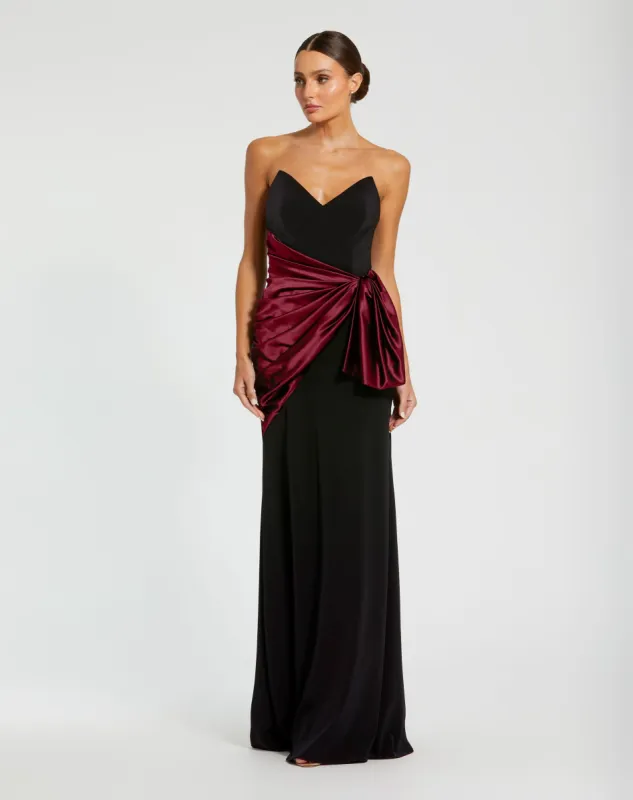 Black Two Tone Draped Strapless Trumpet Gown sold by Mac Duggal