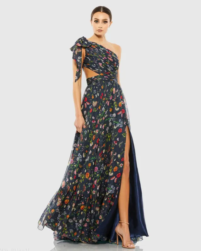Petite Navy Tied One Shoulder Cut-Out Flowy Gown sold by Mac Duggal