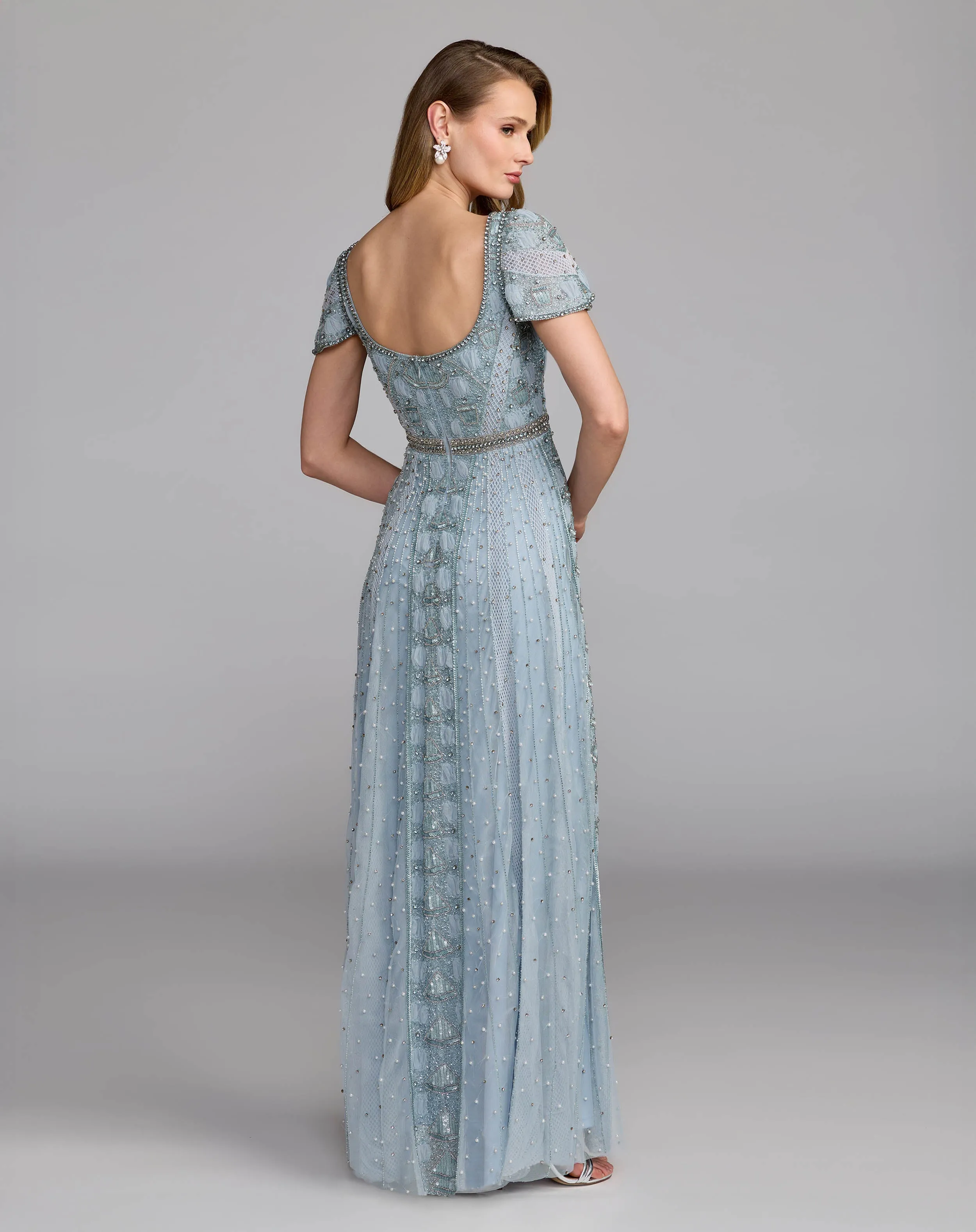 Blue Beaded Short Sleeve Scoop Neck Gown sold by Mac Duggal product image thumbnail 4