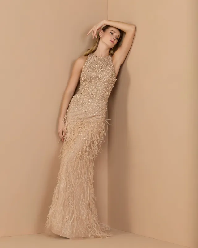 Beige Embellished Lace Sleeveless Feather Gown sold by Mac Duggal