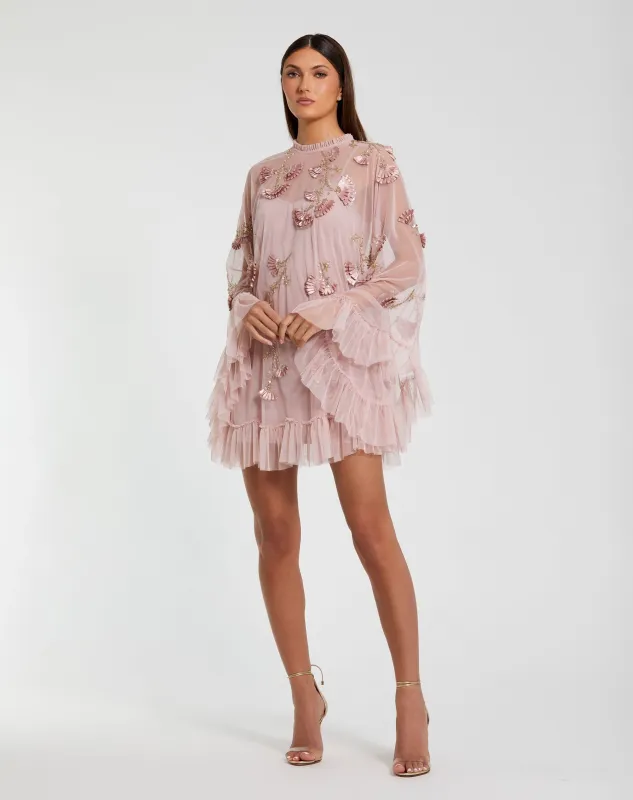 Pink Embellished Long Sleeve Trapeze Dress with Ruffle Hem made by Mac Duggal