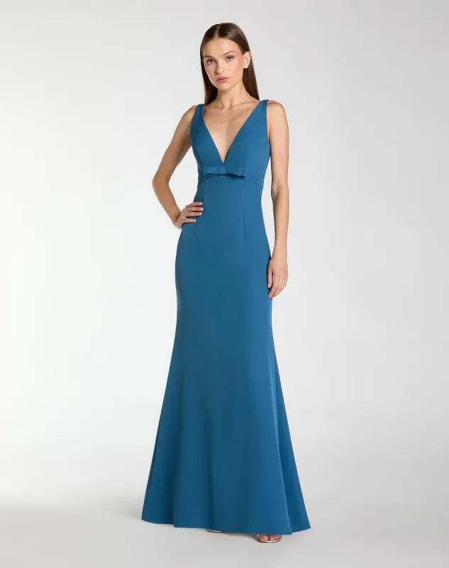 Blue Crepe Sleeveless V Neck Mermaid Gown With Bow sold by Mac Duggal