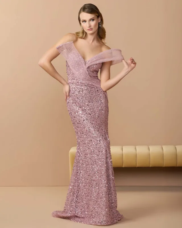 Pink Embellished Strapless Gown With Sculptural Drape sold by Mac Duggal