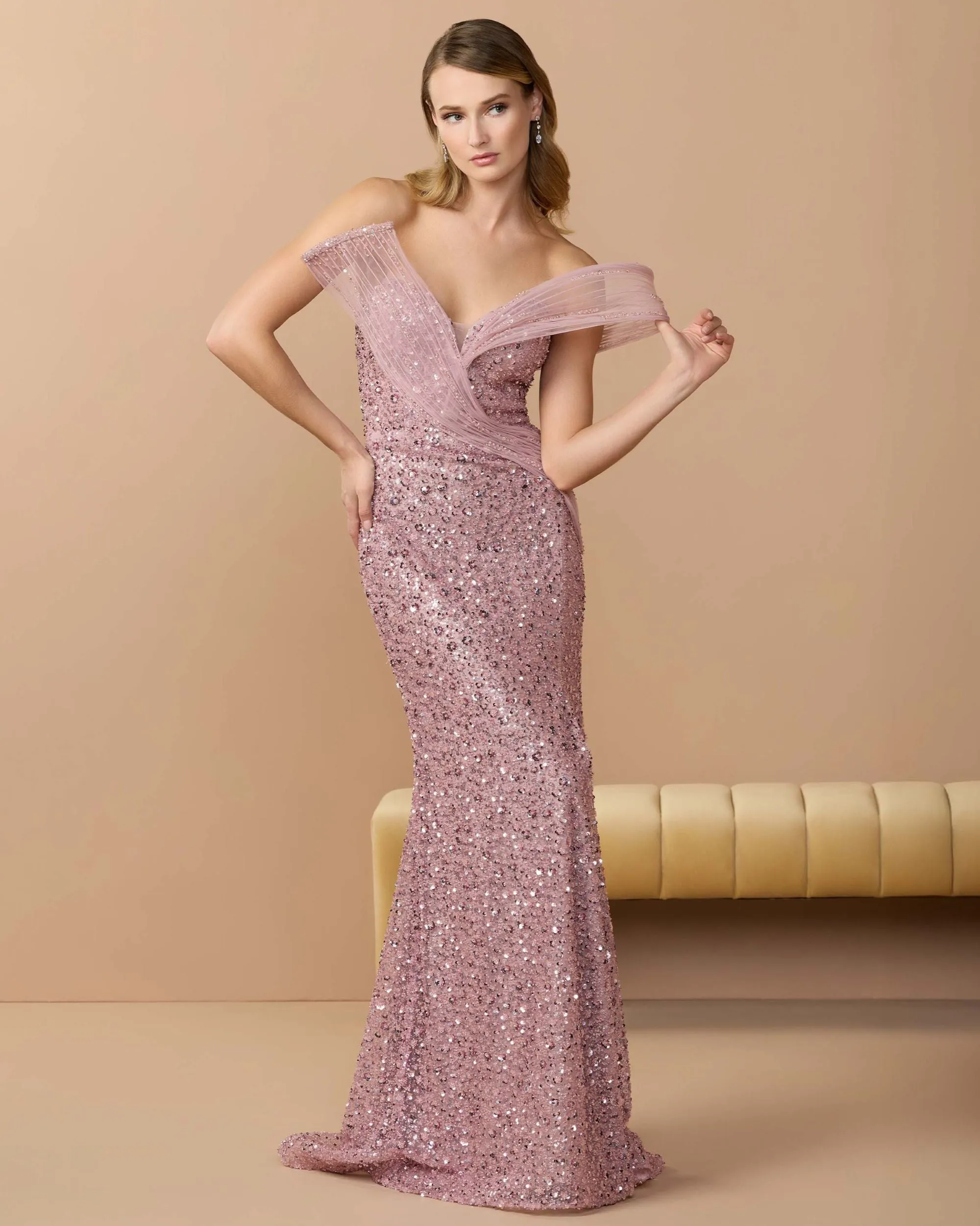 Pink Embellished Strapless Gown With Sculptural Drape sold by Mac Duggal