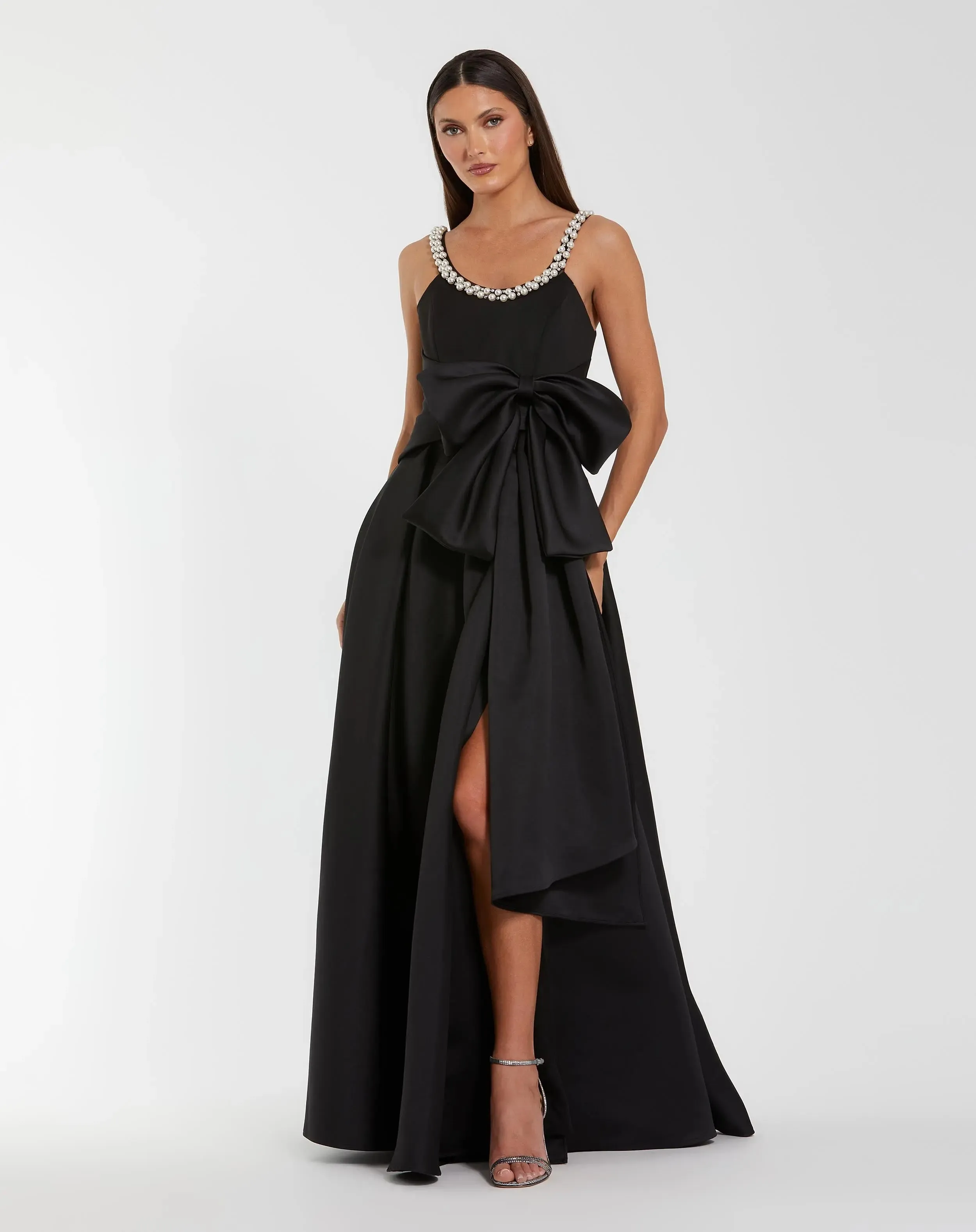 Satin Gown With Pearl Neckline and Bow Detail sold by Mac Duggal