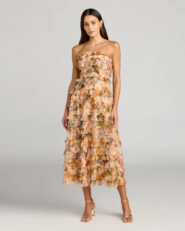 Gold Strapless Floral Micro Ruffle Dress sold by Mac Duggal