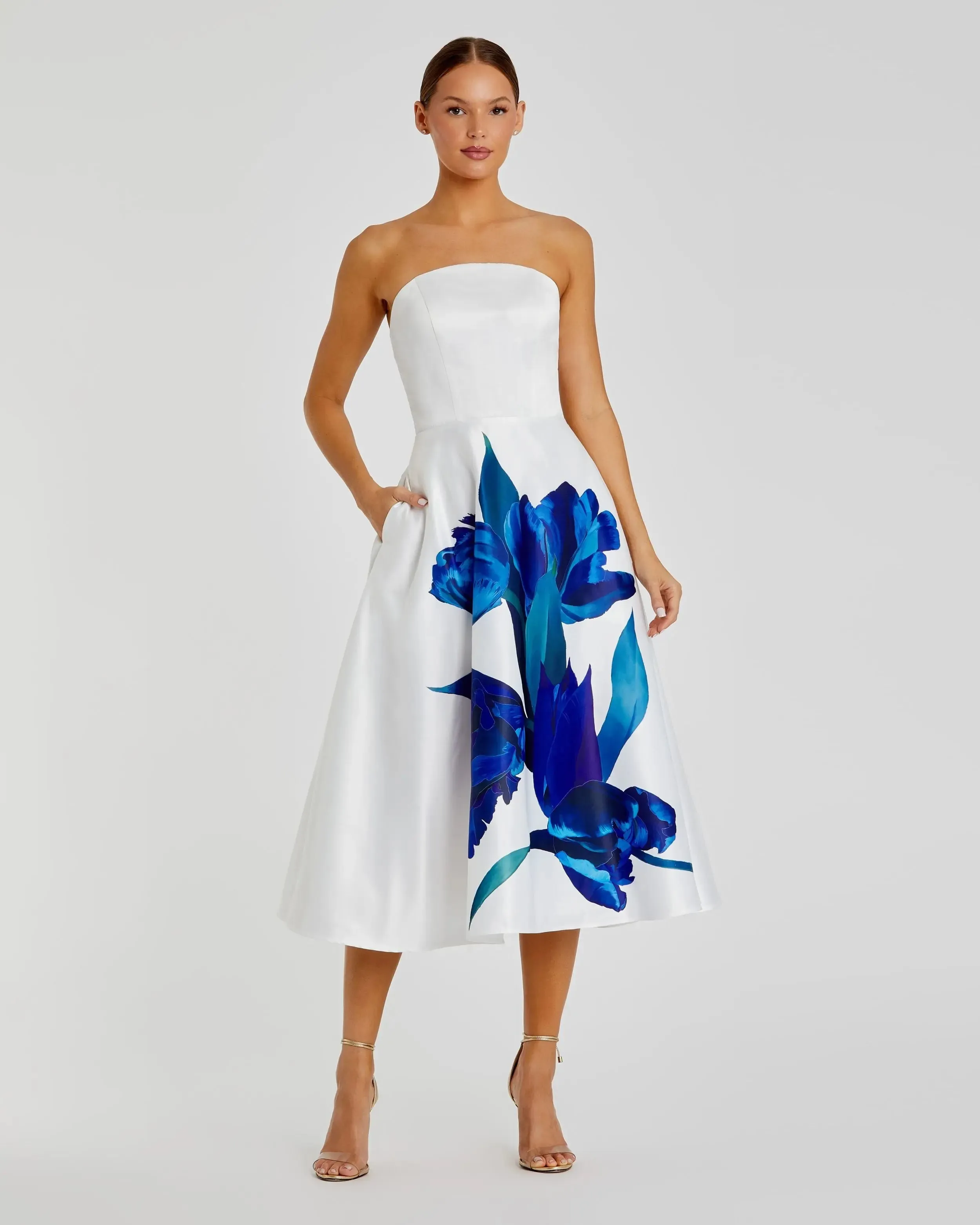 Strapless Satin Midi Dress With Flower Print sold by Mac Duggal product image thumbnail 2