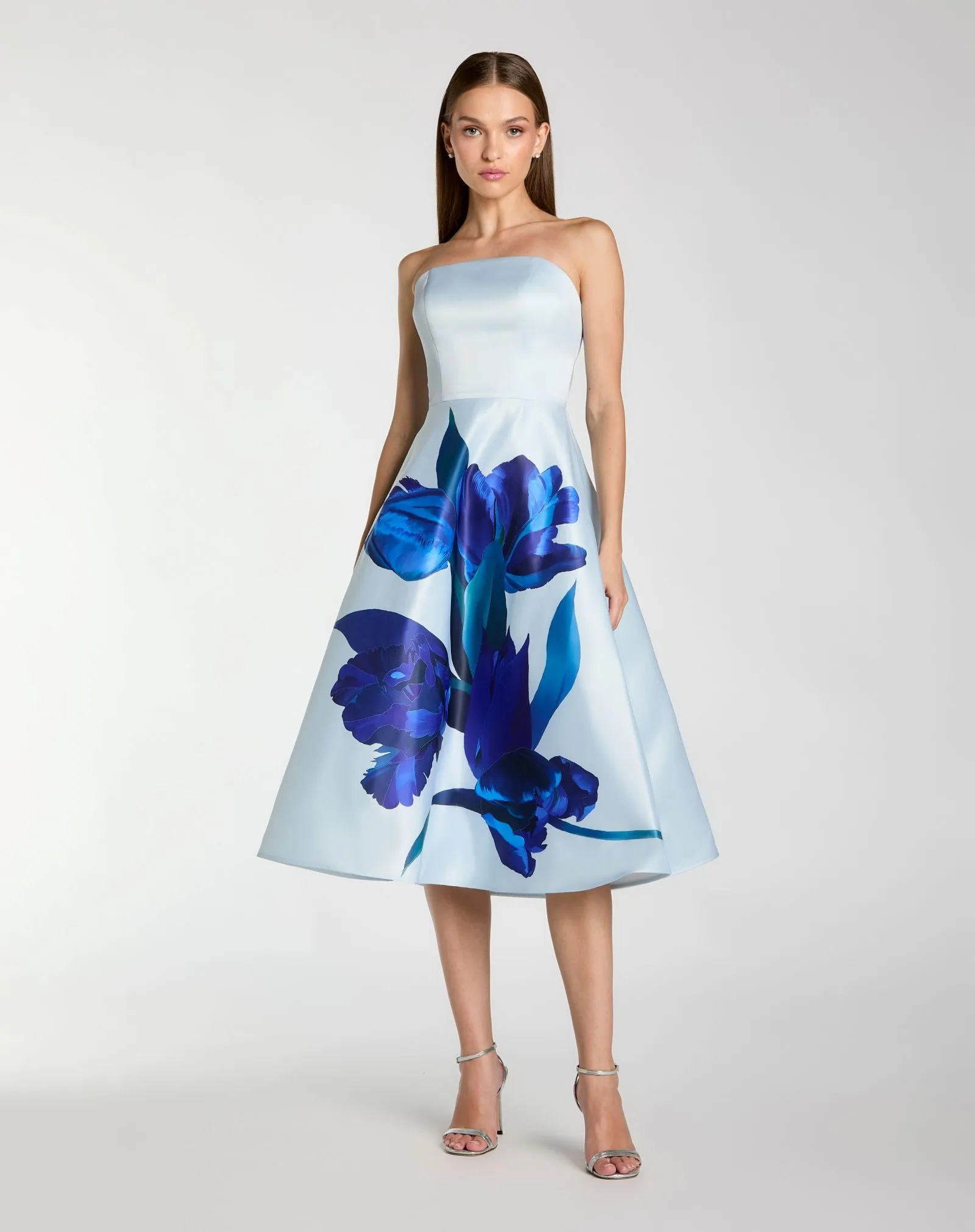 Blue Strapless Satin Midi Dress With Flower Print sold by Mac Duggal