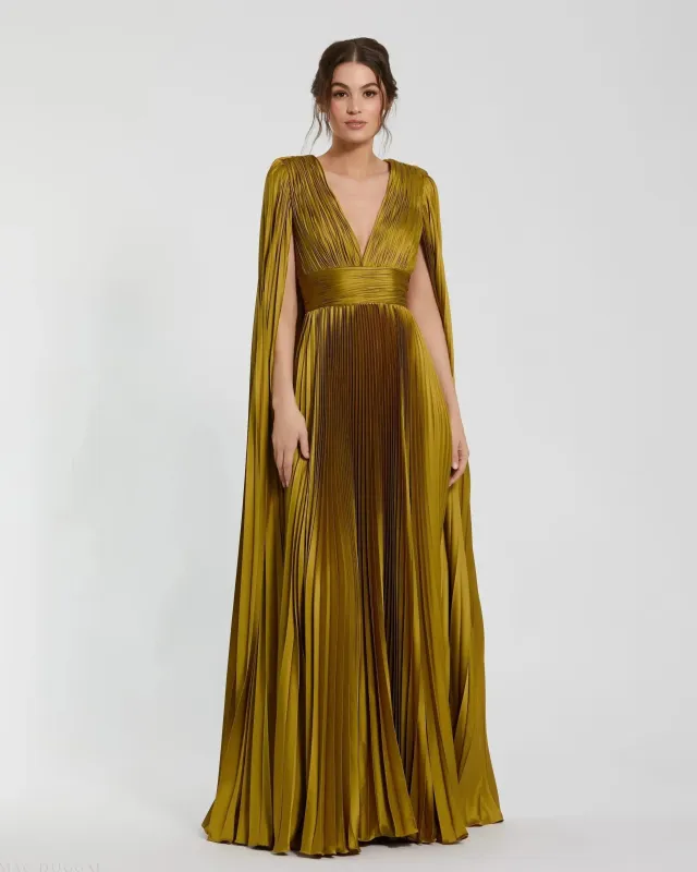 Petite Green Pleated Charmeuse V Neck Gown With Cape sold by Mac Duggal