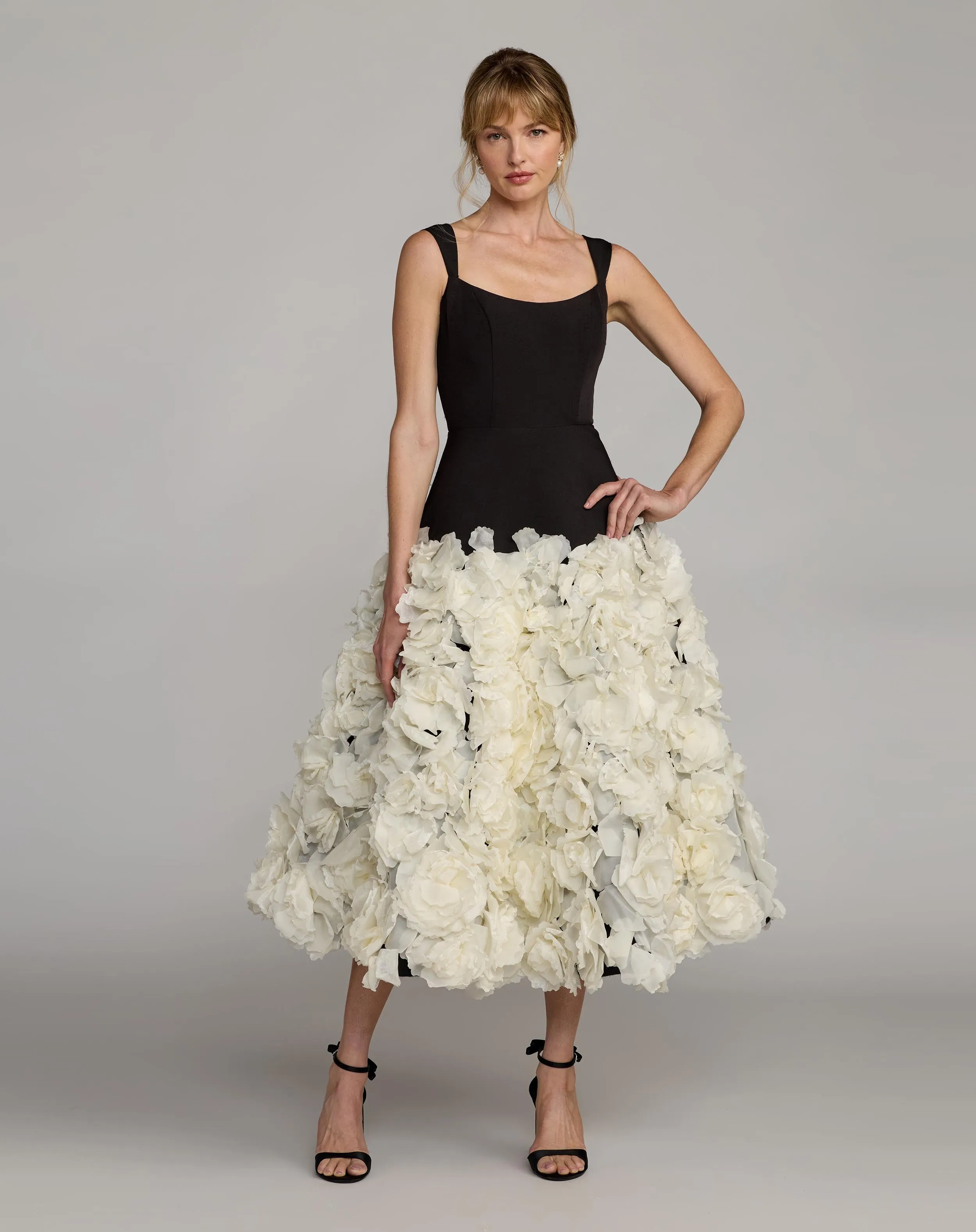 Black and White A Line Midi Dress With Floral Hem sold by Mac Duggal