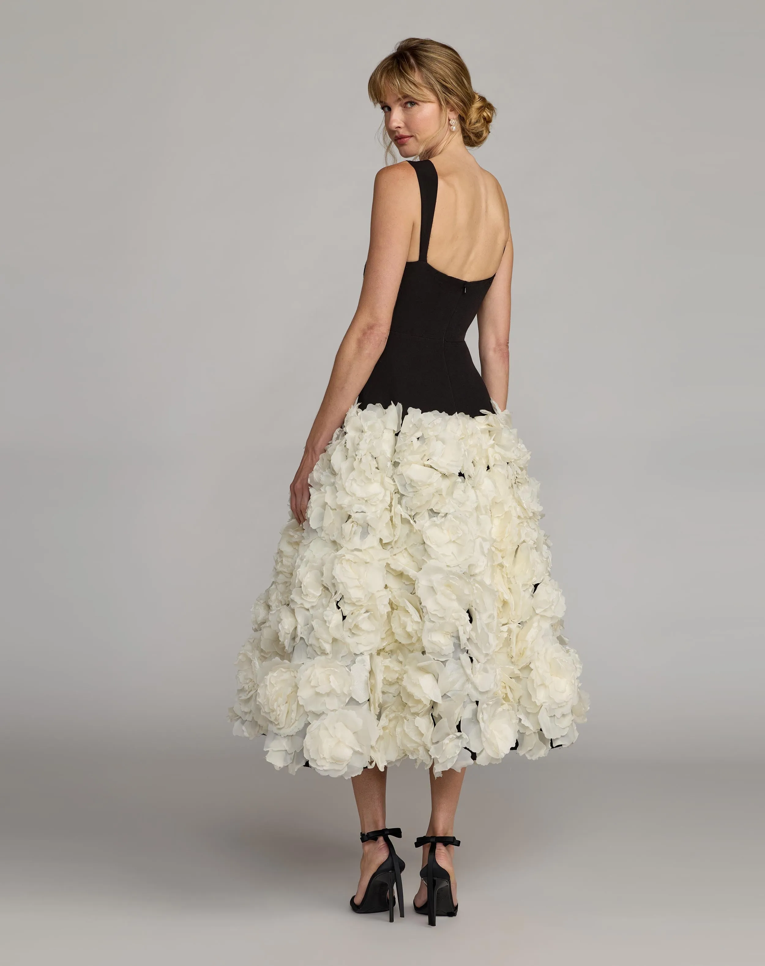 Black and White A Line Midi Dress With Floral Hem sold by Mac Duggal product image thumbnail 3