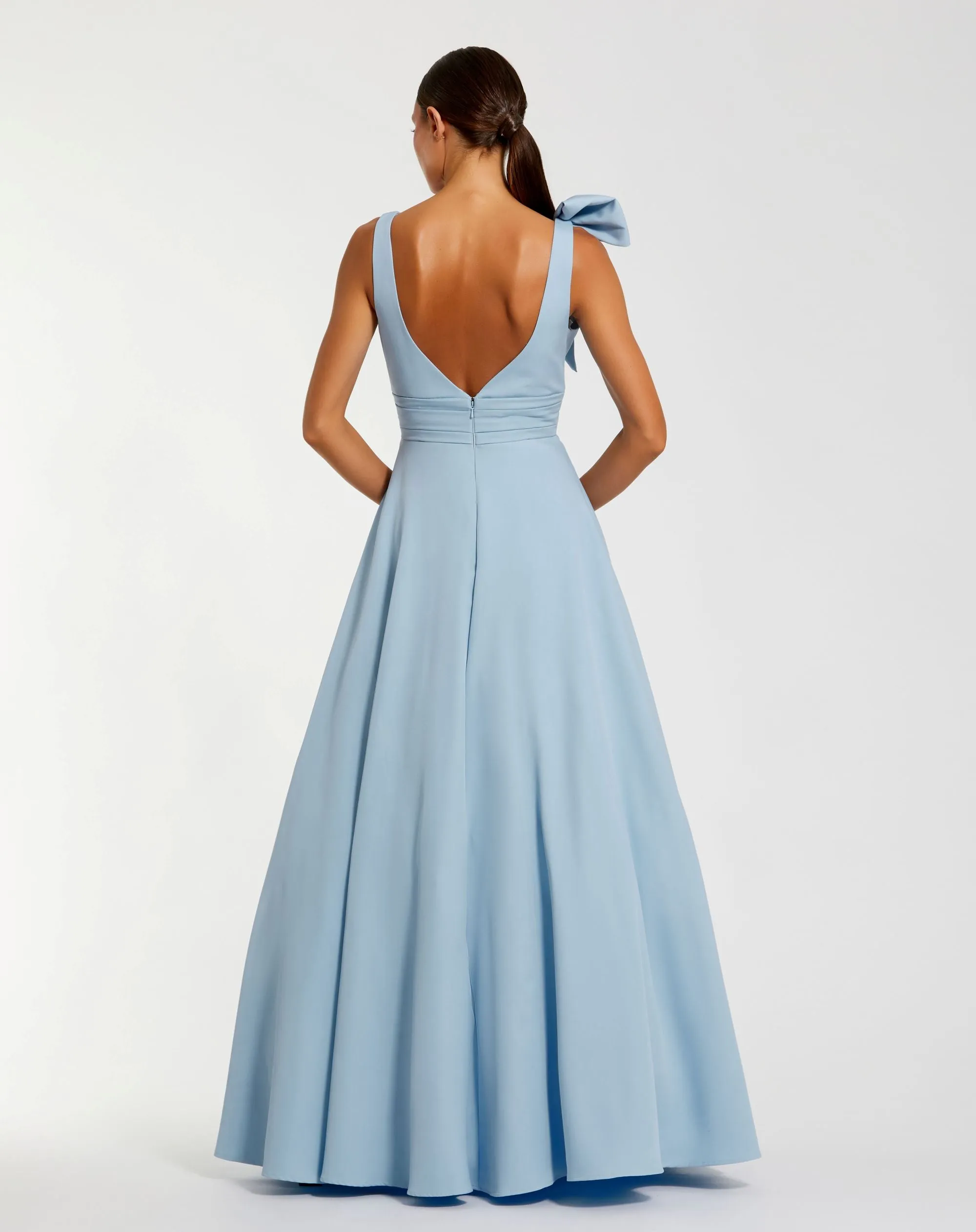 Petite Light Blue Sleeveless Plunge Neck Ball Gown With Bow Detail sold by Mac Duggal product image thumbnail 3