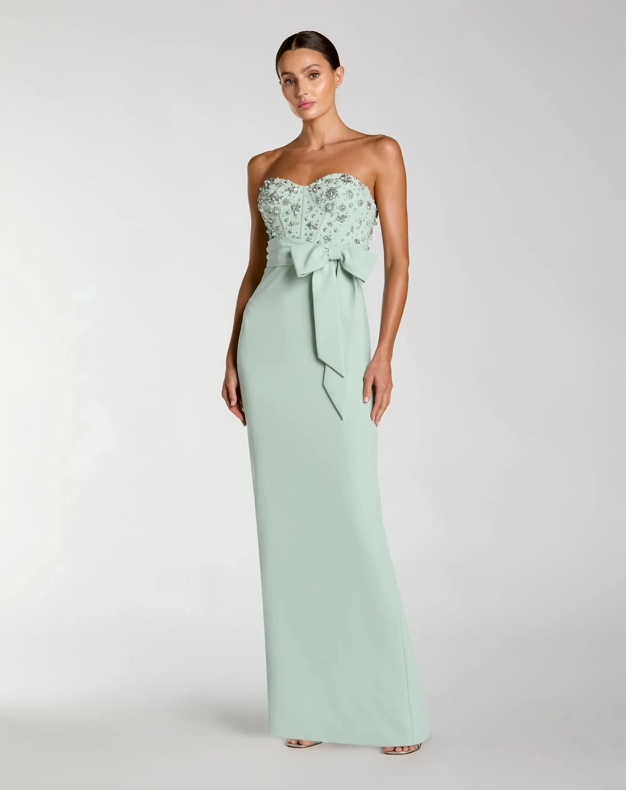 Green Strapless Embellished Bustier Gown with Bow sold by Mac Duggal