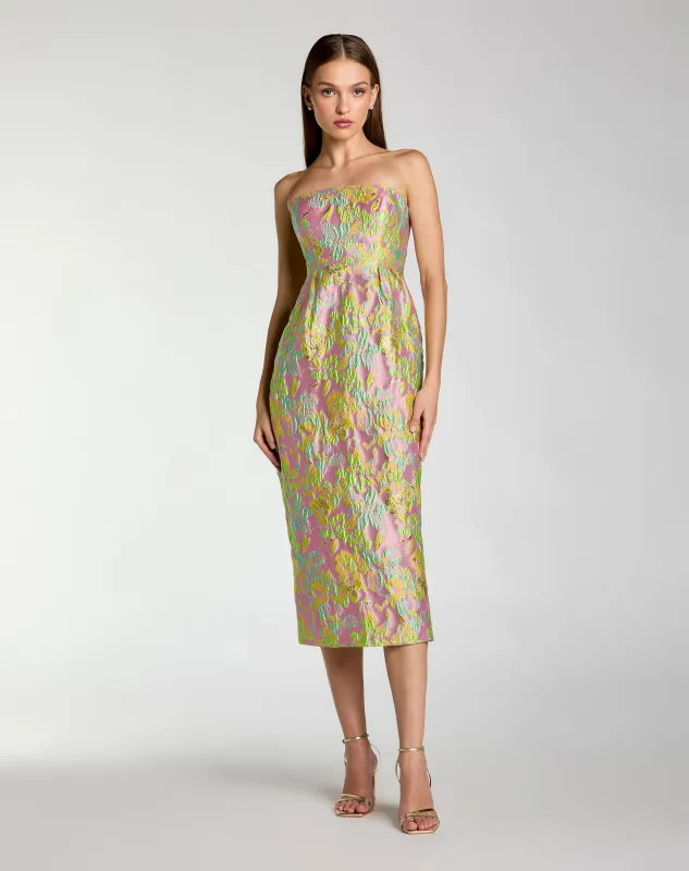 Multicolor Strapless Floral Brocade Midi Dress sold by Mac Duggal