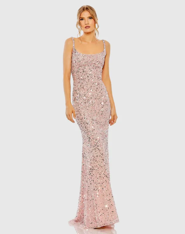 Petite Pink Sequined Low Back Slip Gown sold by Mac Duggal
