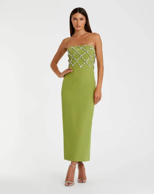 Green Strapless Crystal Embellished Midi Dress sold by Mac Duggal