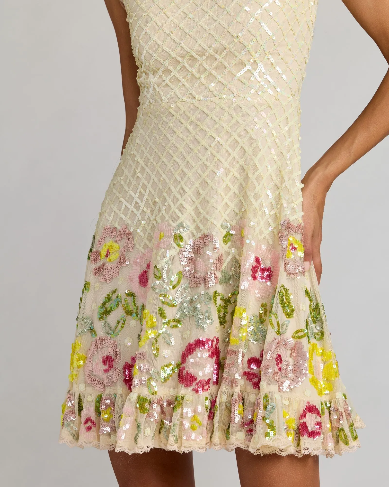 Ivory Floral Sequin Square Neck Mini Dress sold by Mac Duggal product image thumbnail 3