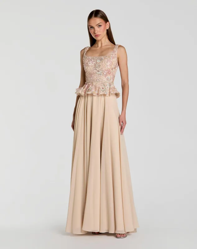 Embroidered Peplum Top With Chiffon Skirt Gown sold by Mac Duggal