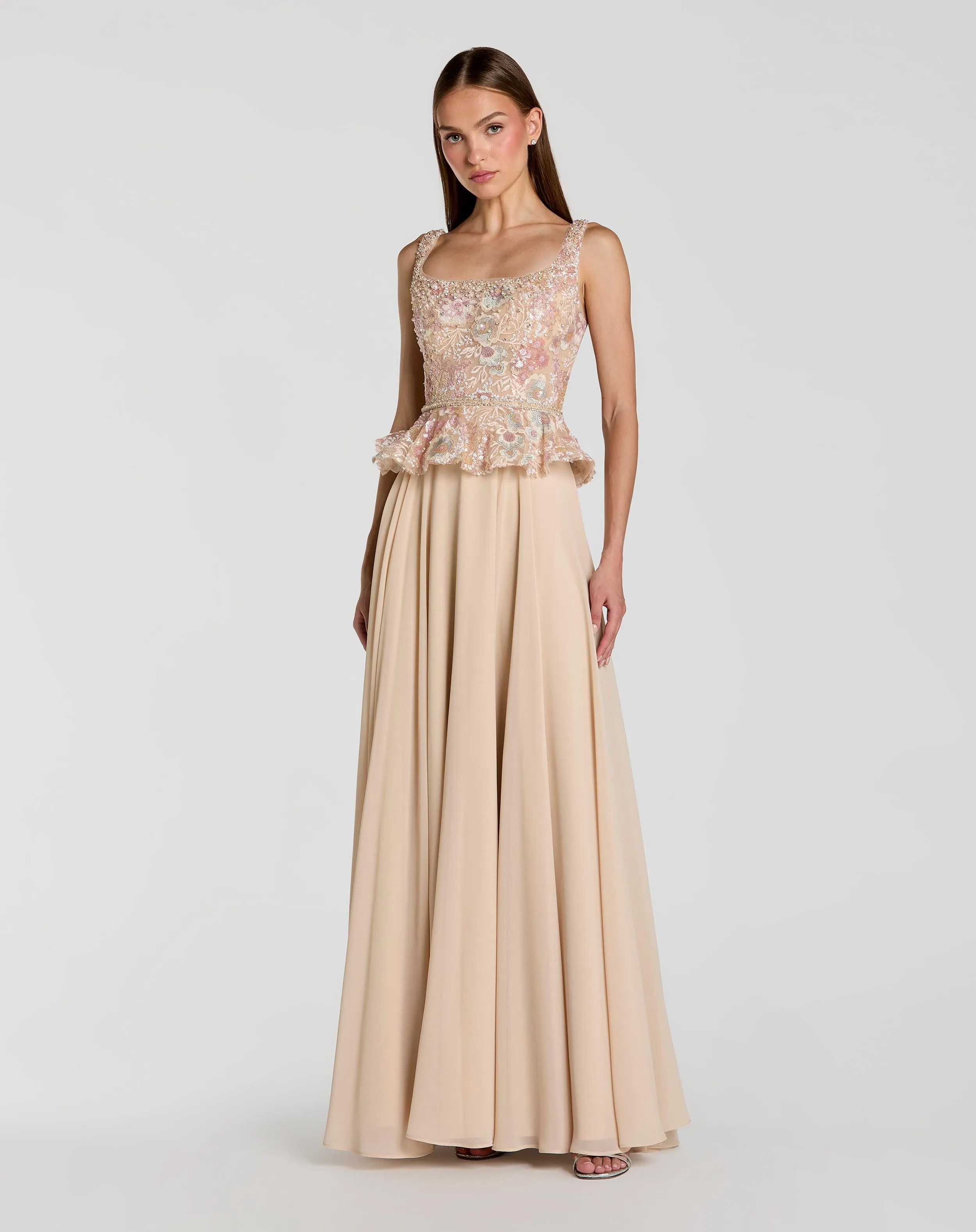 Beige Embroidered Peplum Top With Chiffon Skirt Gown sold by Mac Duggal
